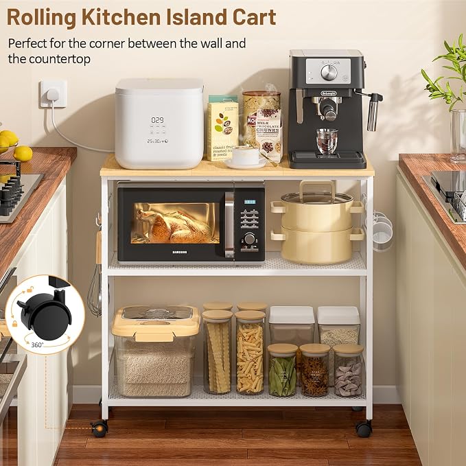3 Tier Rolling Kitchen Microwave Cart, 33 Inch Microwave Table Stand with Adjustable Shelf, Kitchen Storage Island Utility Cart on Wheels, Bakers Rack Coffee Bar for Living Room, Office, White