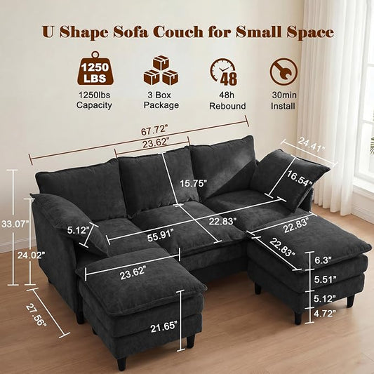 3 Seater U-Shape Couch Sofa with Ottomans, 69" Small Couch Modern Comfy Cloud Sofa with 23" Deep Washable Pillow ChenilleCover Couches for Living Room Bedroom Apartment Office 69-Black-U