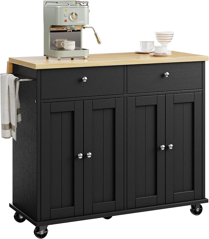 JY QAQA 39" Kitchen Island on Wheels with Storage Cabinet Kitchen Cart Cabinet with Shelves, Cart Handle for Towel Rack or Free Mobility, Portable Islands for Kitchen, Black