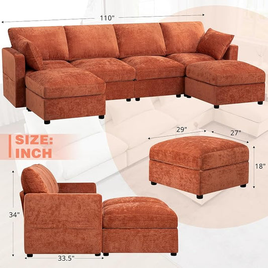 110” Chenille 4-Seats Sofa W/Two Movable Ottomans, Orange | Modern Fabric U-Shaped Couch w/Soft Backrests, Upholstered Sectional Sofa w/Arm Pillows for Living Room, Office