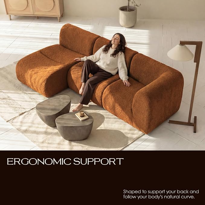 45" Curved Sectional Chaise, Modern Single Sofa Lounge Chair with Deep Seat, Boneless Modular Sherpa Sofas for Small Living Room, Bedroom, Apartment– No Assembly,Brown