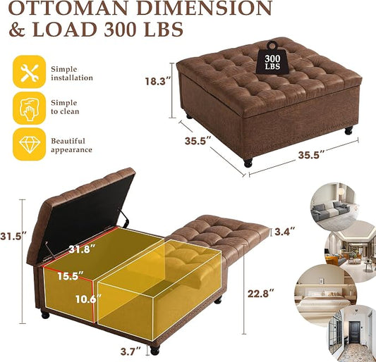 36" Large Square Ottoman with Storage, Tufted Upholstered Storage Ottoman with Lift Top & Solid Legs for Bedroom Room, Extra Large Coffee Tables Bench for Living Room as Footstool (Brown)