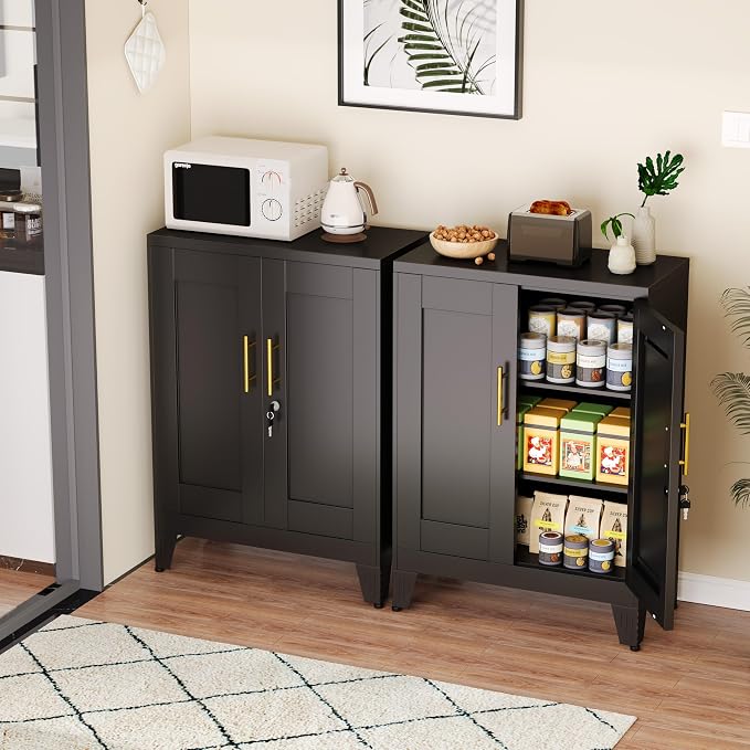 GAIOUS 36" Black Metal Storage Cabinet with Lock, Locking Cabinet with 2 Doors and 2 Adjustable Shelves, Bathroom Floor Cabinets, Freestanding Locked File Cabinets for Home/Office/Garage