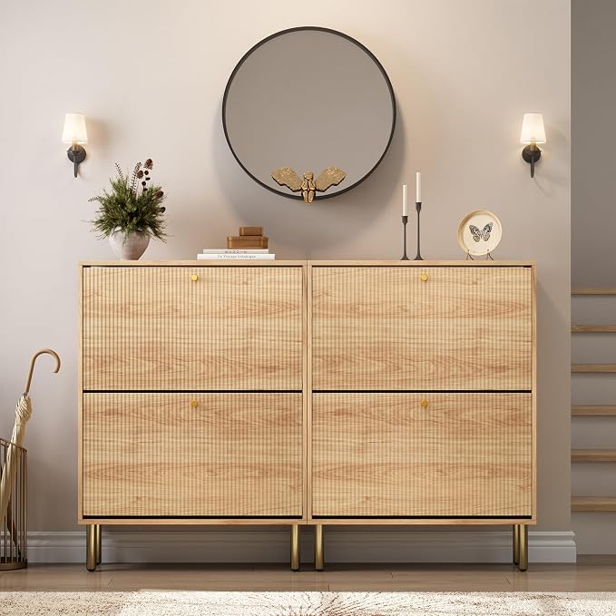 Nicetree Shoe Storage Cabinet for Entryway - Flip Shoe Cabinet with Tiered Fluted Design - Slim Shoe Storage Rack with Gold Legs - Narrow Shoe Cabinet Hidden Shoe Organizer for Small Spaces