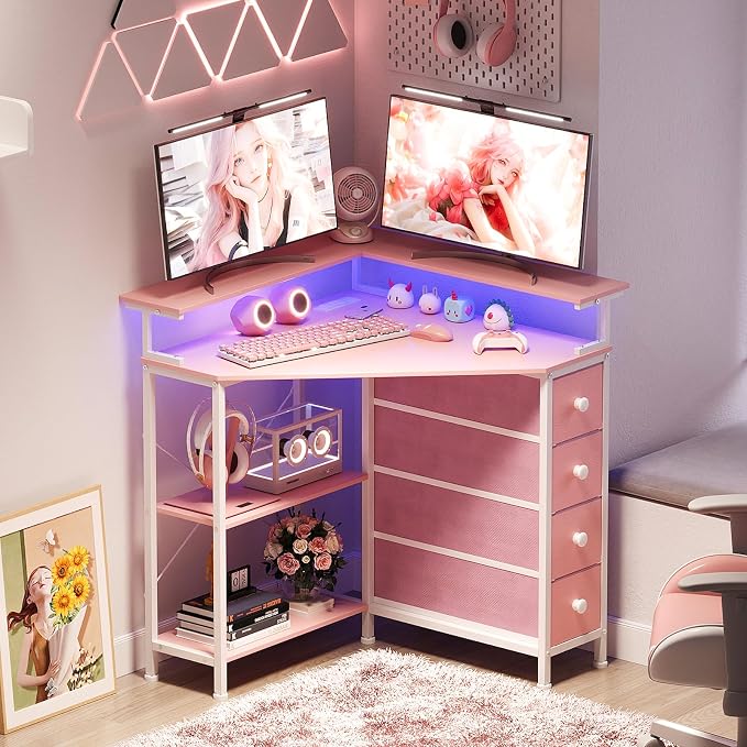 VENNQD Corner Desk with Drawers Shelves for Small Space 90 Degrees Triangle Computer Desk with Power Outlets,Gaming Desk with LED Lights Monitor Stand for Home Office Workstation Writing Table (Pink)