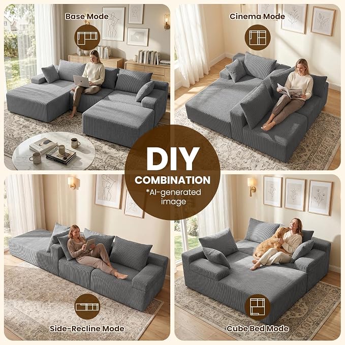 kinmars 108" Boneless Sectional Couch,Corduroy Cloud Couch Sectional for Living Room,Modern U Shaped Modular Sectional Couch,3 Seater Sofa (Dark Gray, 108.9" U Shaped with Ottoman)