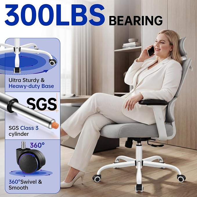 Ergonomic Office Chair, High Back Mesh Computer Chair with Comfortable Adaptive Lumbar Support, Built-in Coat Hanger, SGS Class 4 Gas Lift, Heavy Duty 300lbs for Long Hours Home Office