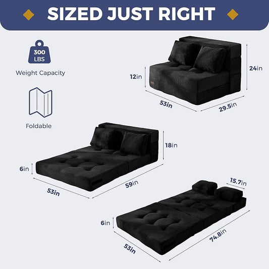 MAXYOYO Convertible Sofa Bed, Fold Out Sofa Couch with Pillow, 4 in 1 Tufted Folding Couch Bed Foam Floor Couch, Lazy Chair for Living Room Bedroom Guest Room, Black