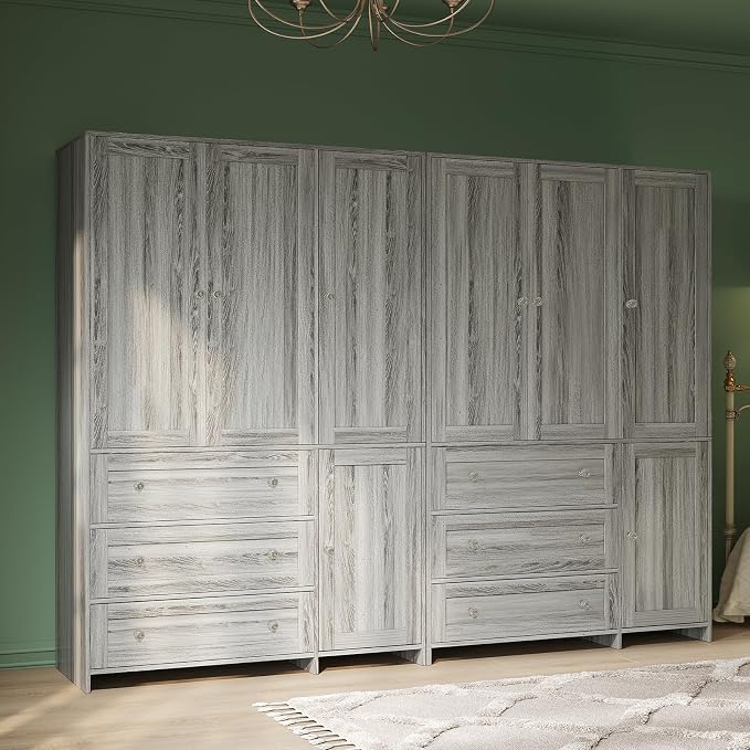 VOWNER Armoire Wardrobe Closet with Drawers and Mirror, 71" Clothing Storage Cabinet with Hanging Rod, 4 Doors Wooden Wardrobe Cabinet for Bedroom, Large Capacity Storage (1, Gray Oak)