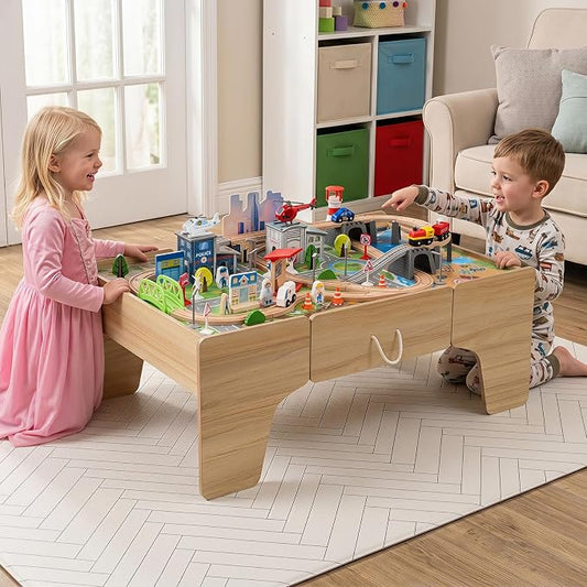 Costzon 110-Piece Wooden Train Table with Drawer for 3+ Years Old Toddlers | 3-in-1 Kids Activity Play Set w/ Reversible Tabletop, Storage Space, Train Tracks, Figures, Vehicles, and Buildings