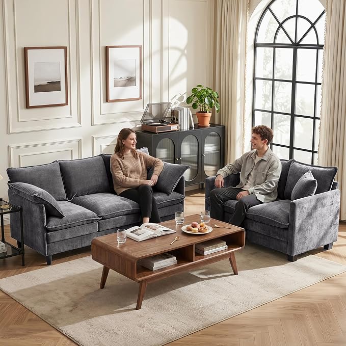 Loveseat Sofa Couch, Small Mini Compact 50" Love Seat 27" Deep Cloud Sofa Seat Washable Chenille Pillow for Apartment Bedroom Dorm Attic Studio Office Living Room Small Space 8833-GREY