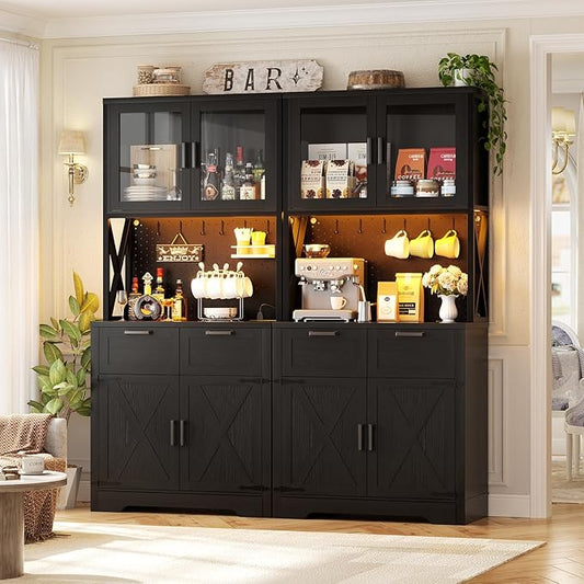 Unikito 71" Tall Kitchen Pantry Storage Cabinet with LED Light & Outlet, 63" Wide Kitchen Hutch Cabinet with Large Countertop, DIY Pegboard and Drawers, Farmhouse Food Pantry for Living Room, Black