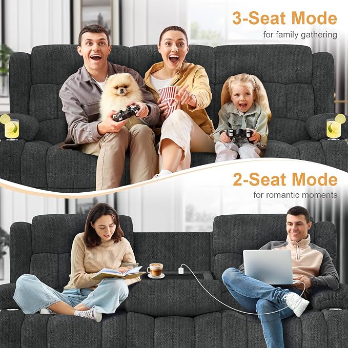 Dresegmt Loveseat Recliner Sofa, Flip Middle Backrest Design 3 Seat Reclining Sofa with Storage Drawer, USB Ports & Cup Holders, Manual Couch for Living Room/RV (New Gray)