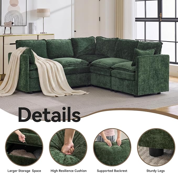 80" Green Modular Storage Sofa, V Shaped Chenille Cloud Couch with Armrest | Oversized Convertible Sectional Sofa, 5-Seat Sectional Couch With Armrests, Large Cloud Couch For Living Room, Apartment.