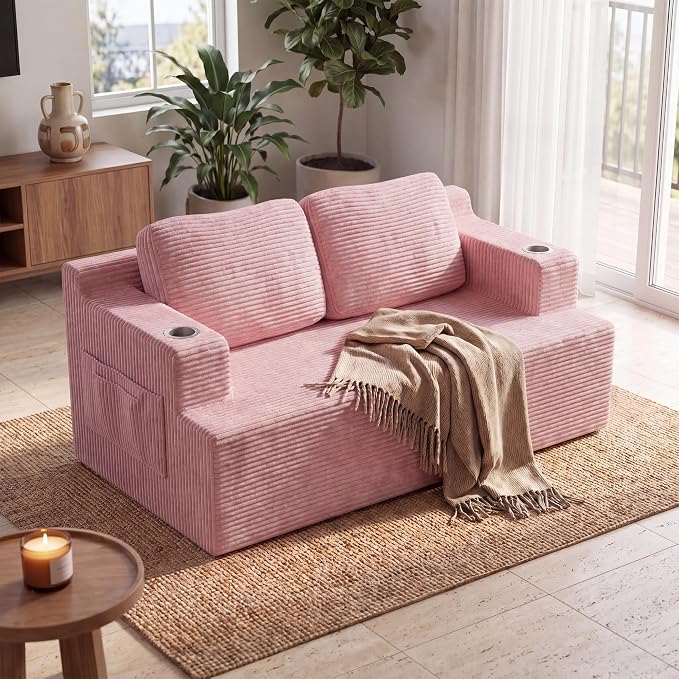 Homall 67” Cloud Couch Sofa 2 Seater Comfy Upholstered Loveseat Floor Sofa with High Density Memory Foam, No Assembly Required, Boneless Couch for Bedroom Living Room (Pink, Loveseat)