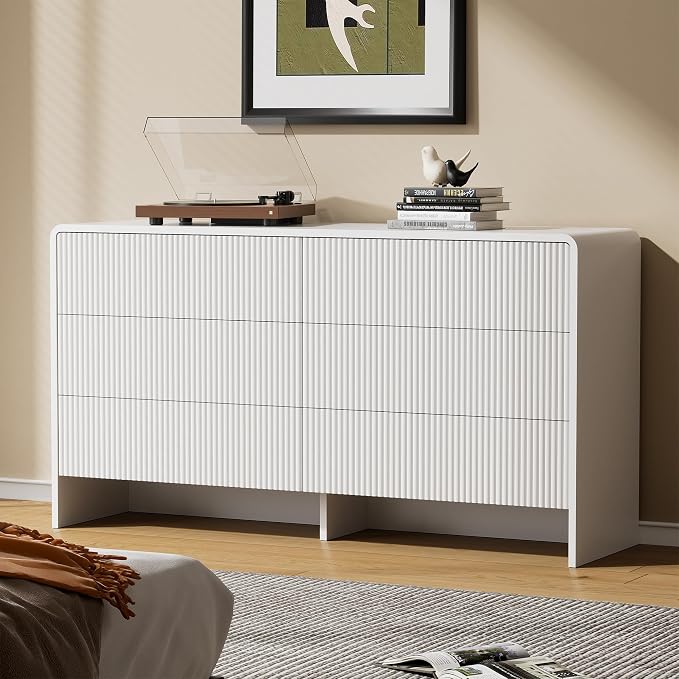 Furniway 55" Wide Modern Dresser for Bedroom, 6 Drawer Chest of Drawers with Curved Design, Push-to-Open Storage Dresser, White