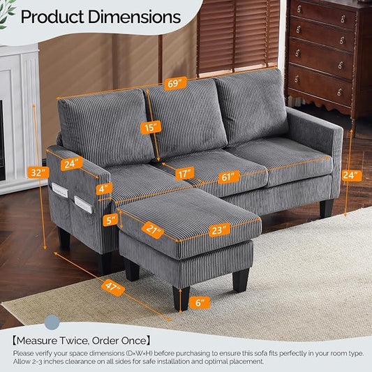 VINGLI 68.5' L Shaped Couch with Movable Storage Ottoman, Convertible Sectional Sofa in Soft Corduroy Fabric, Modern Reversible Chaise Couch for Small Spaces, Apartment, Living Room,Grey