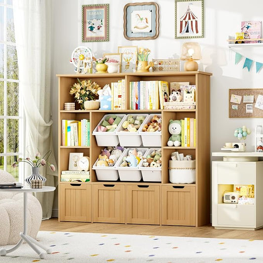 FINETONES Toy Storage Organizer with 6 Toy Bins, Large Toy Organizers and Storage with 4 Movable Drawers and 6 Storage Cubbies, Kids Toy Storage and Toy Chest for Playroom and Kids Room, Natural