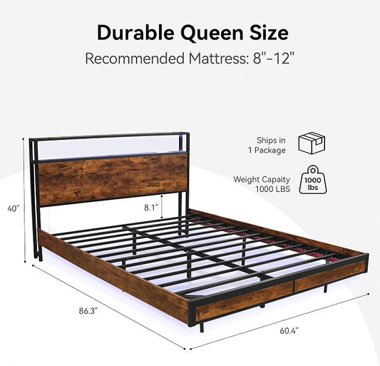 BedsPick Queen Bed Frame with 2-Tier Storage Headboard, Metal Platform Bed Frame Queen Size with Smart LED Lights & USB Charging Station, Noise-Free/Metal Support/No Box Spring Needed, Brown