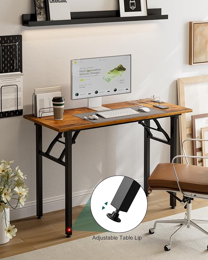 Frylr Small Folding Computer Desk β 43.3 Inch Portable Table for Craft and Study, Lightweight Desk for Small Spaces, Foldable Laptop Table Built-in AC/USB Outlets for Convenience, Rustic Brown