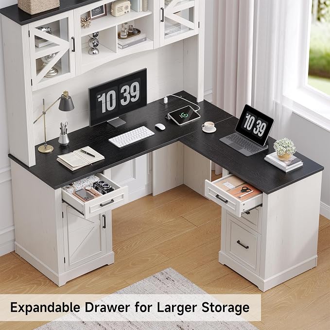 ONBRILL 72" L-Shaped Executive Desk with Hutch, Farmhouse L-Shaped Computer Desk with 4 Drawers, File Drawer and Power Outlet, Home Office Computer Desk for Living Room,Study Room (Off White& Black)