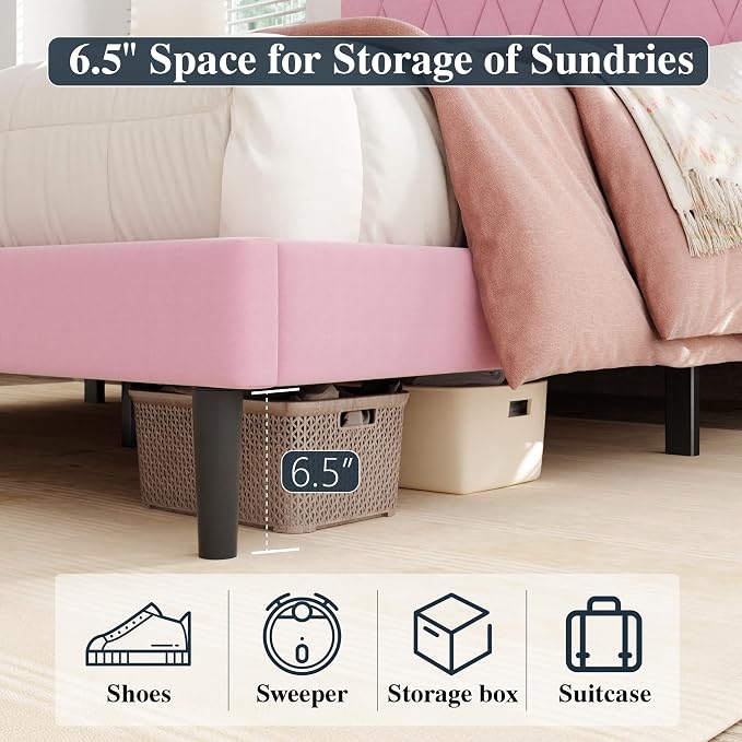 CXVX Queen Size Bed Frame with Diamond Tufted Headboard, Velvet Upholstered Platform Bed and Wooden Slat Support, Noise-Free, No Box Spring Needed, Easy Assembly, Pink