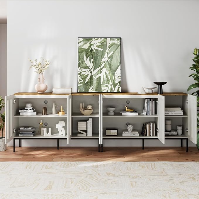 BVIUNTWO 95" Farmhouse Buffet Cabinet with Grille Doors, Adjustable Shelves & 6 Doors, Storage Sideboard with Metal Base for Kitchen, Dining & Living Room, Antique White