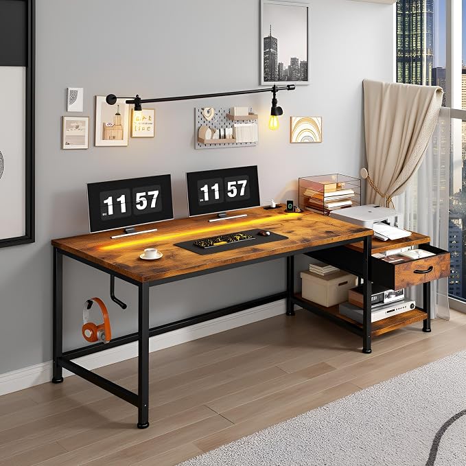 48.1''Gaming Computer Desk with A Reversible Printer Shelf, Built-in Power Outlets & LED Lights, Desk with Drawer and Headphone Hook for Gaming,Craft Working and Studying in Bedroom, Dorm,Rustic Brown