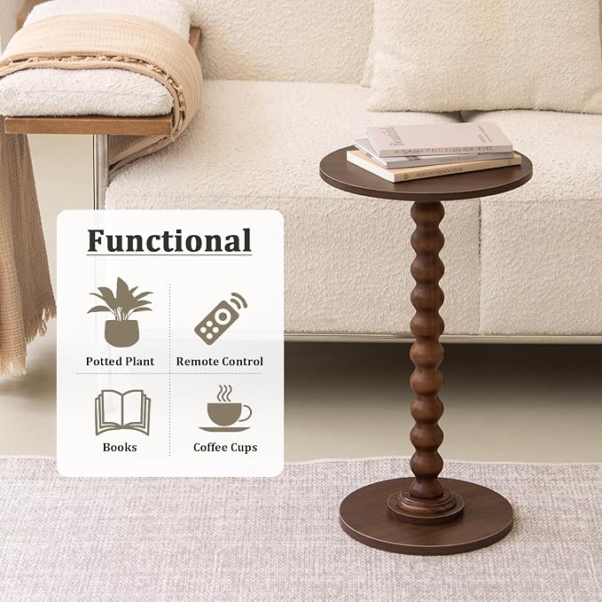 Fultyle Small Round Side Table, Walnut End Table for Small Spaces, Modern Drink Table Accent Table with Solid Wood Leg for Living Room, Bedroom, Corners, and Office (Walnut Brown)