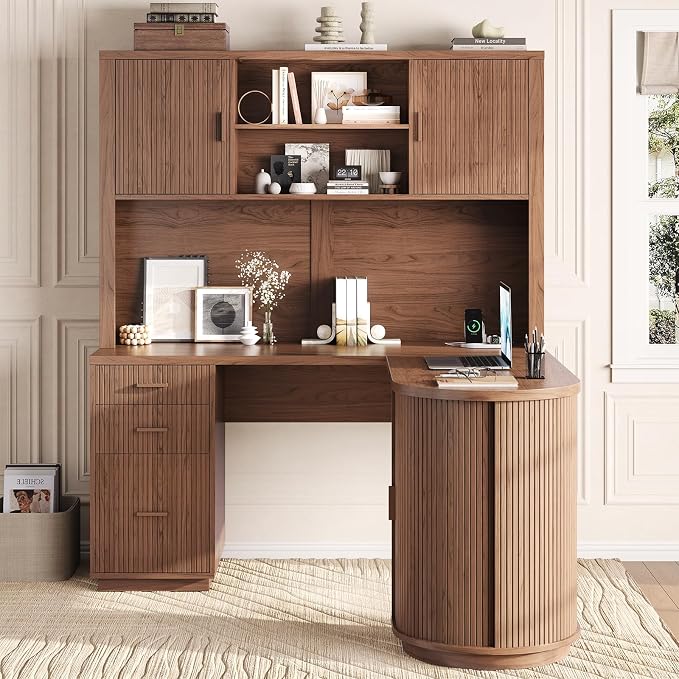 ONBRILL 70.87“H L Shaped Executive Desks with Hutch, Fluted Corner Desk with 3 Drawers & Charging Outlets, Mid-Century Wood Home Office Desk with Sliding Door for Work and Study,Walnut