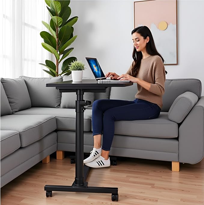 TV Tray Bed Side Table, Portable Rolling Desk Hospital Bed Laptop Table, Small Standing Desk with Wheels Adjustable Height for Sofa, Bedside, Tablet Use, Secure Non Tilt, 23.2" W, Black