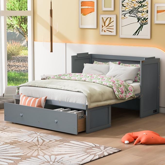 Full Size Murphy Bed Cabinet, Wall Bed with USB Port and Storage Drawer | Converts from bed to cabinet to free floor space, with 400 lb support, 6-inch mattress fit and no box spring needed