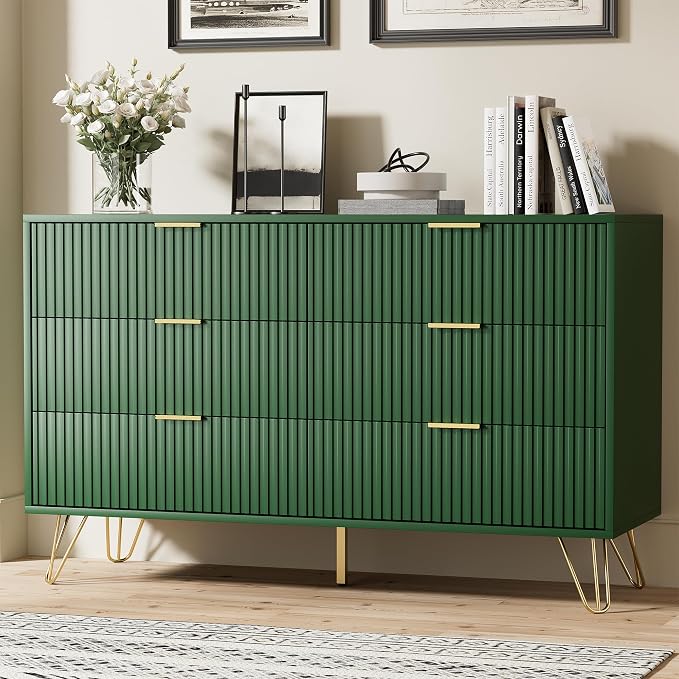 Furniway Green Dresser for Bedroom, Modern Dresser with Gold Metal Handles & Chests of Drawers for Bedroom, 15.7" D x 47.2" W x 29.5" H