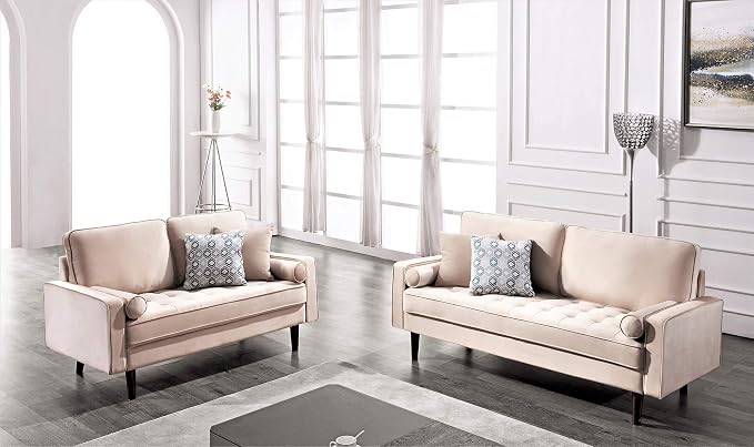 Container Furniture Direct Womble Mid Century Modern Velvet Upholstered Tufted Seat with Bolster Pillows, Sofa, Beige