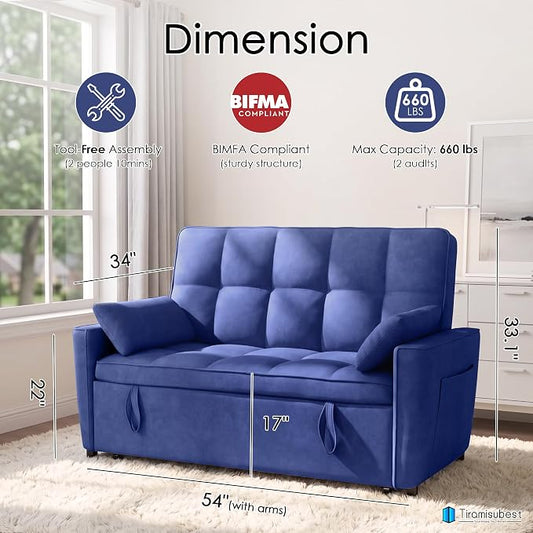 54'' Sleeper Sofa Bed, Convertible Pull Out Couch Futon for for Living Room,Apartment (Blue, Loveseat) Side Pockets, Velvet Fabric, Adjustable Backrest, Pull-Out Bed, Easy Assembly