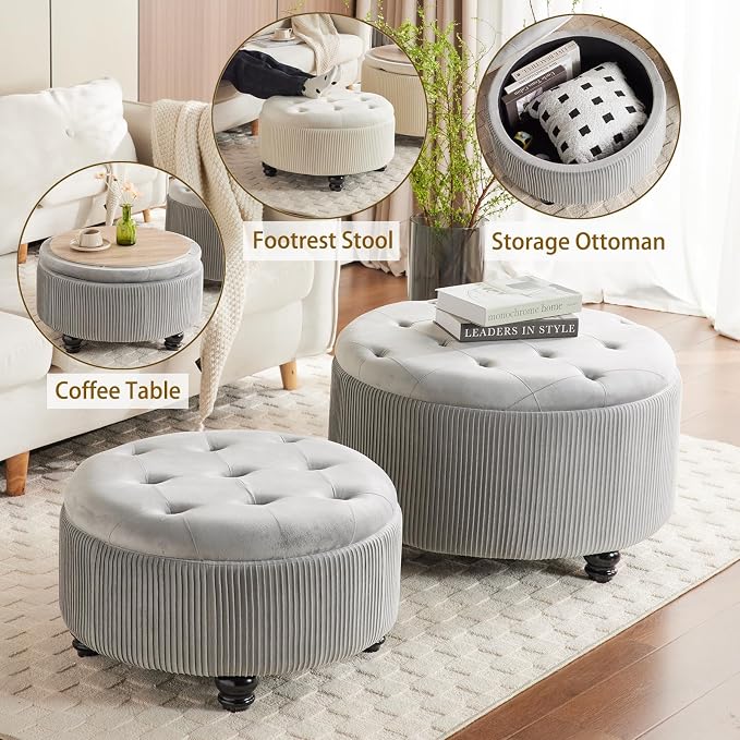 29&24.5inch Large Round Storage Ottoman Coffee Table Set of 2 Modern Button Storage Coffee Table with Removable Lid for Living Room Upholstered Footrest Stool for Bedroom (Large-Light Grey)