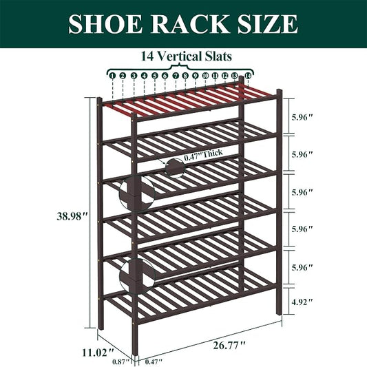 Smiry Bamboo Shoe Rack, 6 Tier Free Standing Wooden Shoe Organizer, Stackable Wood Shoe Storage Shelf for Closet, Entryway, 12 Vertical Slats, 2+2+2 Stack Standard Legs, 26.8"x11"x39", Brown