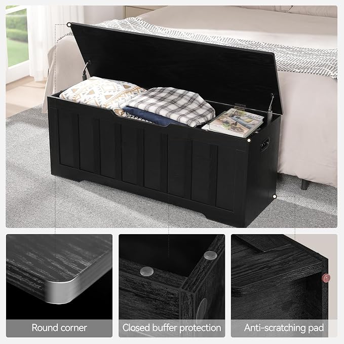 VANKILEY 47.2" Storage Chest Extra Large,Storage Trunk with 2 Safety Hinges,Wooden Storage Bench,Shoe Bench,47.2x15.7x19.1 Inch,Easy Assembly,Storage Bench for Bedroom,Living Room,entryway(Black).