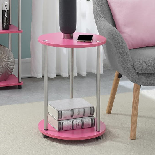 Convenience Concepts Designs2Go No Tools 2 Tier Round End Table 15.75" - Contemporary Modern Side Table with Storage Shelf for Family Room, Office, Den, Pink