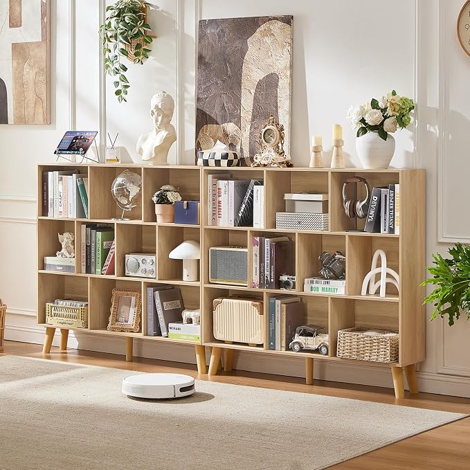 LEYAOYAO 10 Cube Bookshelf,3 Tier Modern Wide Bookcase with Legs,Mid-Century Wood Bookshelves Storage,Light Wood Large Book Case,Freestanding Organizer Display Shelf for Bedroom,Living Room,Office