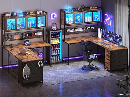 SEDETA L Shaped Gaming Desk with Drawers, L Shaped Computer Desk with Hutch and Storage Shelves, Gaming Desk with Pegboard, Led Lights, and Power Outlet, Home Office Desk, Corner Desk, Rustic Brown