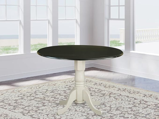 East West Furniture DLT-BLW-TP Dublin Dining Room Table - a Round Solid Wood Table Top with Dropleaf & Pedestal Base, 42x42 Inch, Black & Linen White