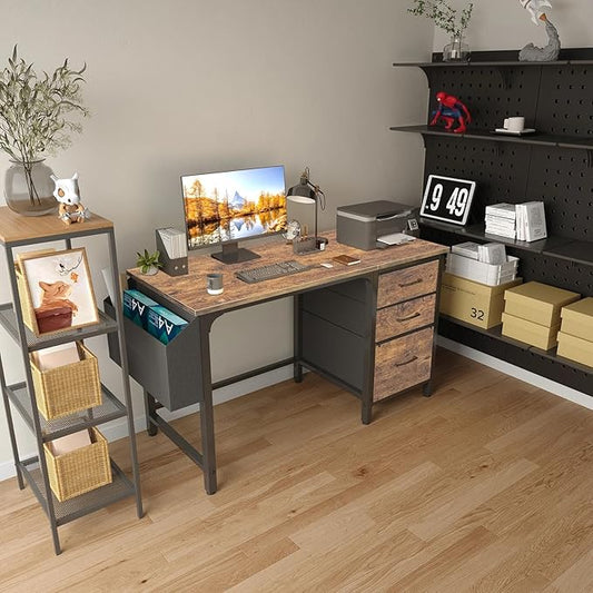 Lufeiya Computer Desk with File Drawers Cabinet, 47 Inch Reversible Home Office Desks with Fabric Filing Cabinet for Small Space, Study Writing Table PC Desks, Rustic Brown