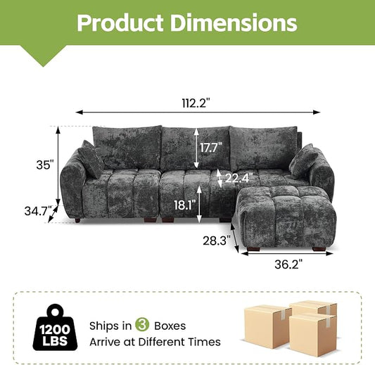 112" L Shaped Modular Sectional Sofa, Grey Chenille Cloud Couch, Modern Upholstered 4 Seater Couch with Removable Ottoman, Tufted Deep Seat & Wood Legs, Sectional Couches for Living Room Apartment