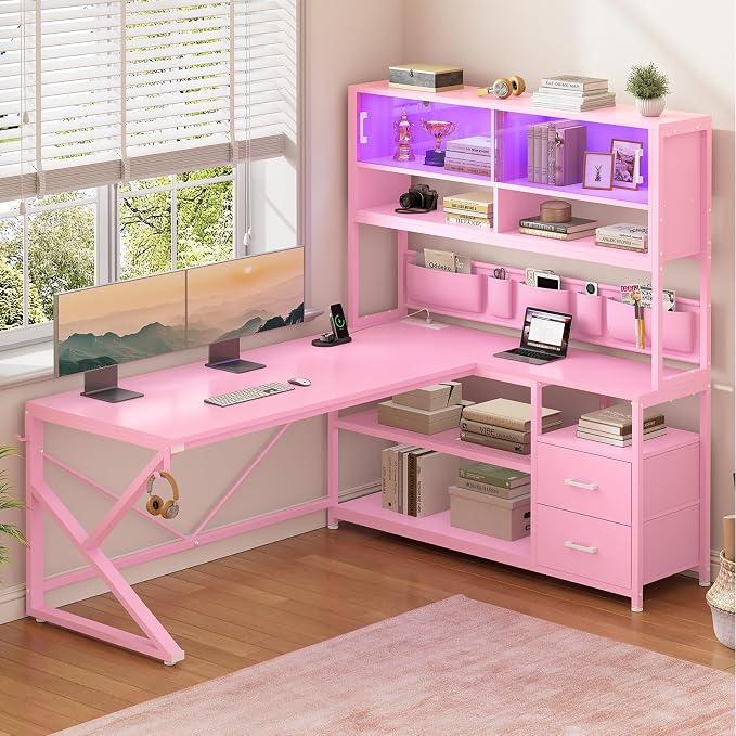 SEDETA L Shaped Gaming Desk, Home Office Computer Desk with 2 Drawer and Bookshelf, L Shaped Gaming Desk with LED Light, Glass Cabinet and Storage Bag, Corner Desk with Storage Shelves, Pink