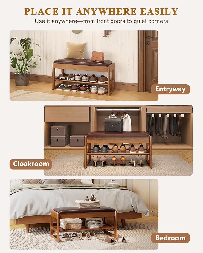 IUNVR Shoe Rack Bench with Hidden Storage, 2-TierSolid Rubberwood Entryway Bench with SoftLeather Cushioned Seat & Flip-Top Storage,330lbs Capacity, Wooden Shoe Organizer forHallway, Closet, Foyer