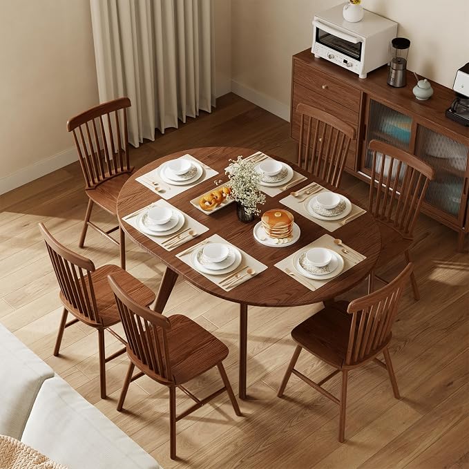 Solid Wood Round Extendable Dining Table, 43″-59″ Expandable Dining Table for 4-8, Oval Extendable Dining Room Table with Hidden Storage, Oval Dining Tables with Leaf, Walnut Round Kitchen Table