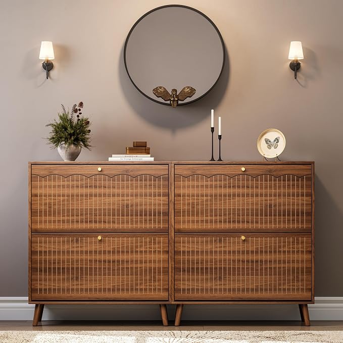 Nicetree Mid-Century Modern Slim Shoe Cabinet for Entryway, 9.5" Narrow Shoe Storage Cabinet with Architectural Arched Fluted Front, Entryway Shoe Storage with Adjustable Shelves,Classic Walnut