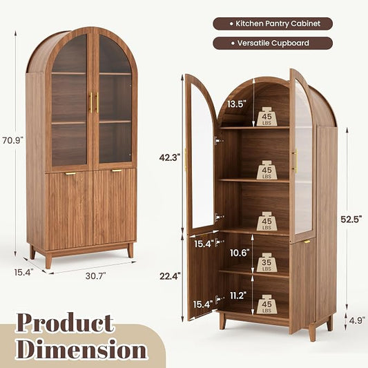 Pamapic 71" Tall Arched Cabinet, Fluted Kitchen Pantry with Glass Doors & Adjustable Shelves, Arch Storage Cabinet, Wooden Pantry for Dining Room, Living Room (Walnut)
