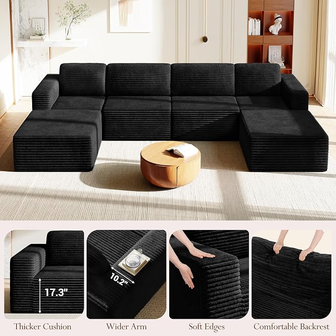 Vesgantti 159" Large Modular Sectional Sofa, U-Shaped Corduroy Cloud Couch with Deep Seats & Spring Support, 4-Seater Boneless Sofa with 2 Movable Ottomans, No Assembly Needed, Black